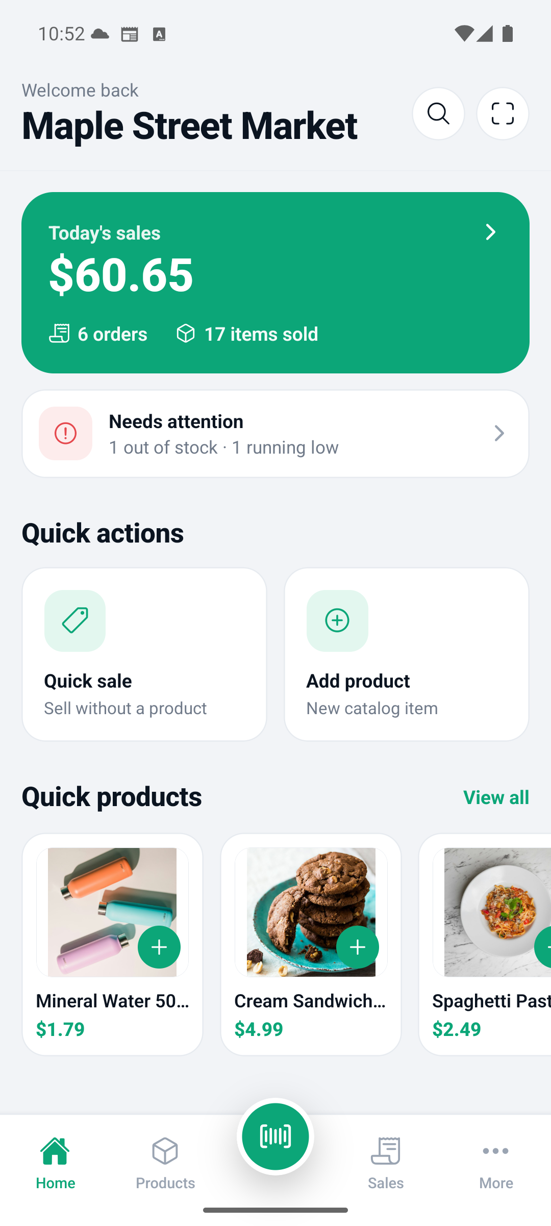 OpenPocket home dashboard showing today's sales